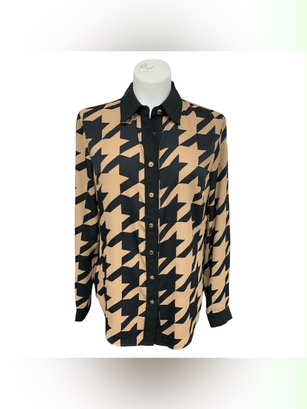 Anne Klein Black and Tan Houndstooth Button-Down Shirt Size S